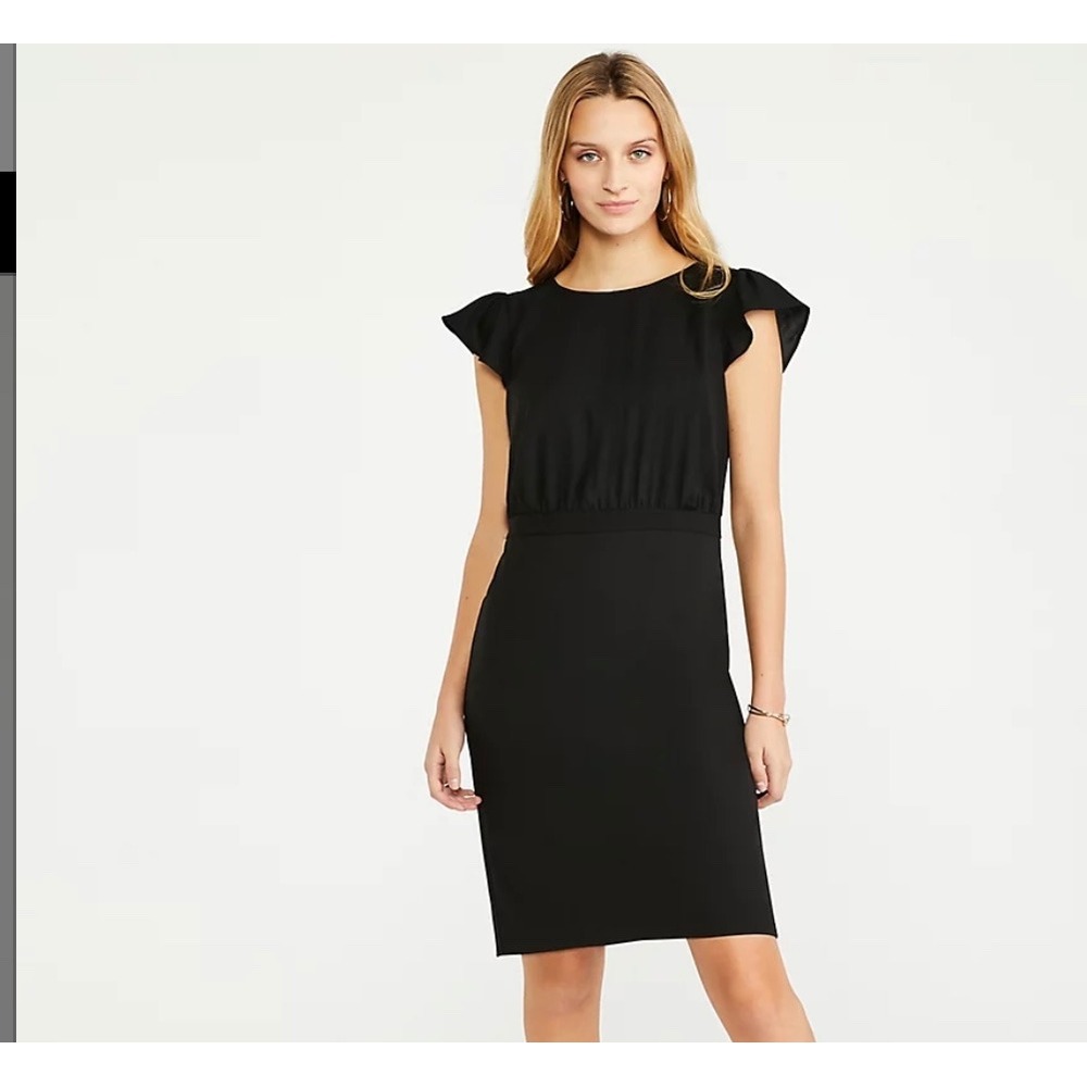 Ann Taylor Black Mixed Media Flutter Sleeve Sheath Dress 12 536510
